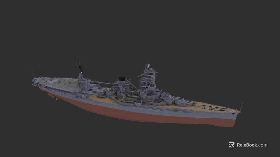 Large Military Warship With Gray Hull Red Bottom And Main Turrets 3d model 