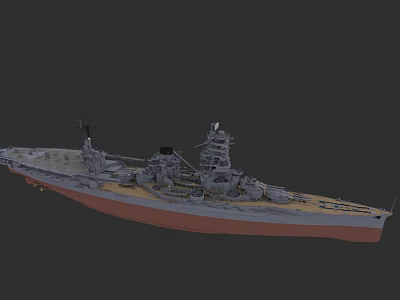 Large Military Warship With Gray Hull Red Bottom And Main Turrets 3d model