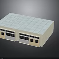 Single Story Building Exterior with White Grid Patterned Roof and Front Windows Doors