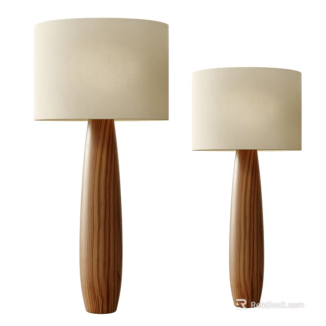 Two Minimalist Table Lamps With Wooden Base And Cream Shade 3d model 