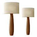 Two Minimalist Table Lamps With Wooden Base And Cream Shade