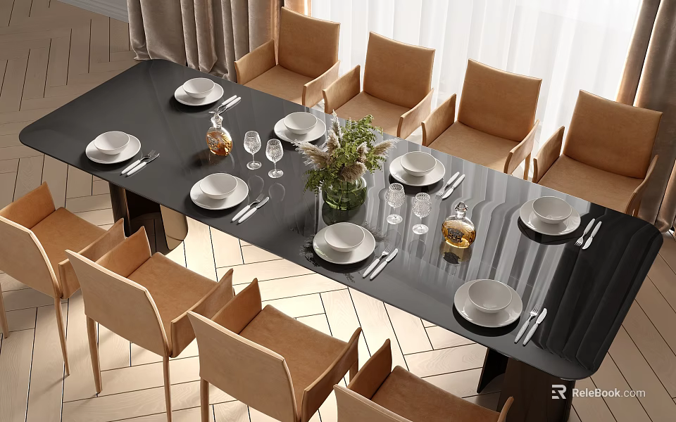 Modern Black Dining Table Set with Brown Chairs White Plates and Green Plant Centerpiece 3d model 