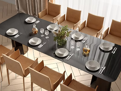 Modern Black Dining Table Set with Brown Chairs White Plates and Green Plant Centerpiece 3d model
