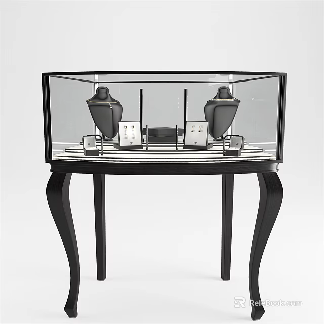 Black Glass Display Cabinet With Jewelry Items And Curved Legs 3d model 