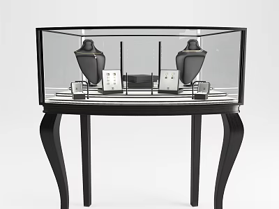 Black Glass Display Cabinet With Jewelry Items And Curved Legs 3d model