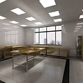 Bright Commercial Kitchen Interior With White Tiled Walls Wooden Workbench Metal Cabinets And Large Windows