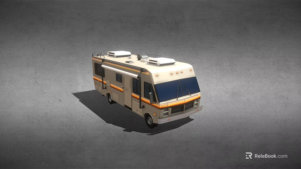 Beige Recreational Vehicle With Orange Stripes Roof Air Conditioners And Side Windows 3d model 
