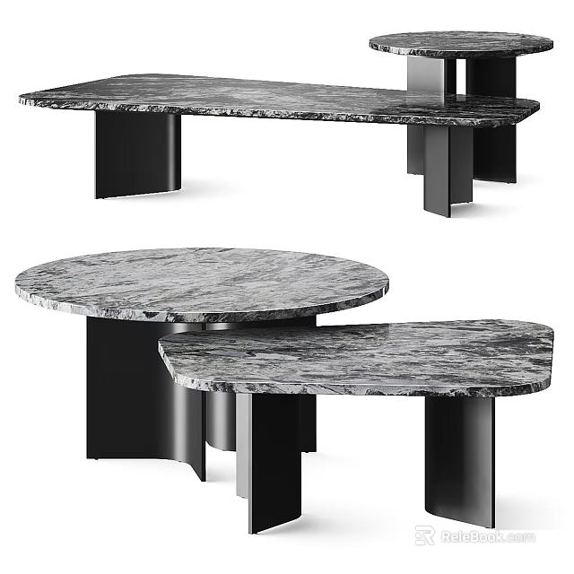 Modern Marble Coffee Table Set With Round Top And Black Metal Legs 3d model 
