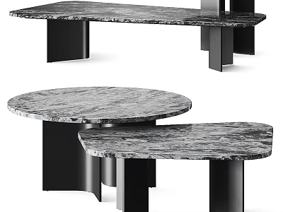Modern Marble Coffee Table Set With Round Top And Black Metal Legs 3d model