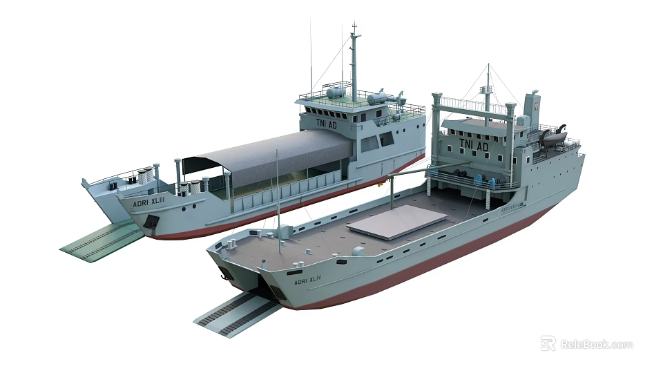 Two Ships With Gray Hulls Open Decks Red Bottoms And Loading Ramps 3d model 