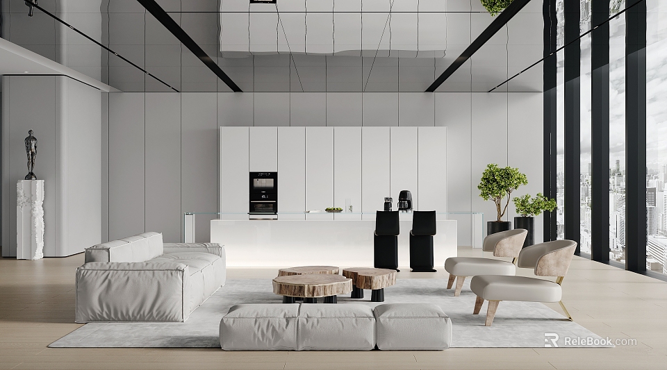 Modern Leisure Area With White Sofa Wooden Coffee Tables Black Decor Items And Green Plants 3d model 