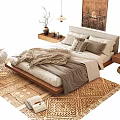 Modern Double Bed Bedroom Design With Soft Pillows And Woven Rug On Wooden Floor