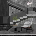 Modern Interior Design With Marble Walls Staircase Pendant Lights And Armchair