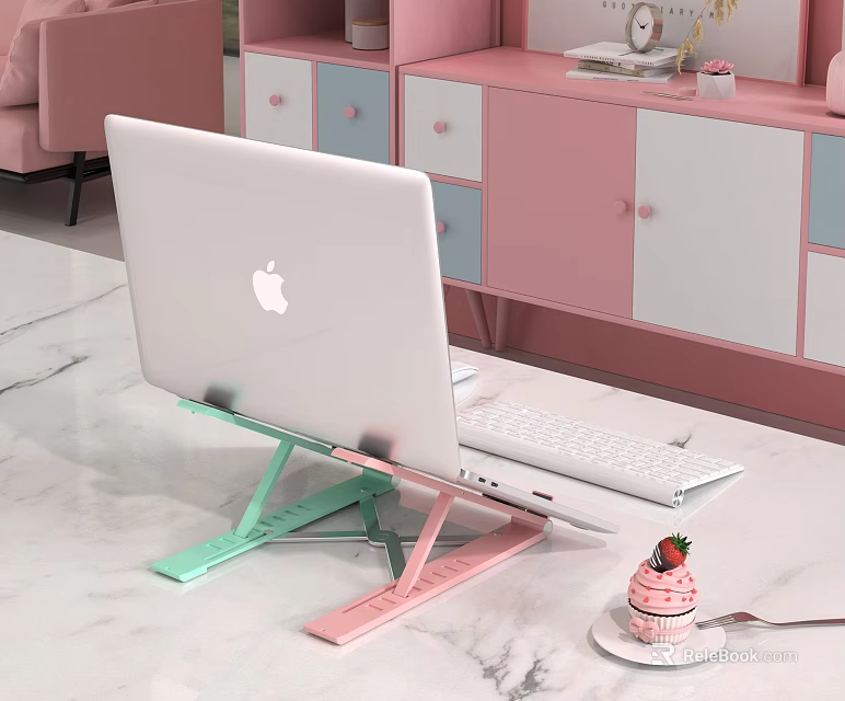 Silver Laptop On Green Pink Stand With Marble Tabletop Near Colorful Cabinets 3d model 