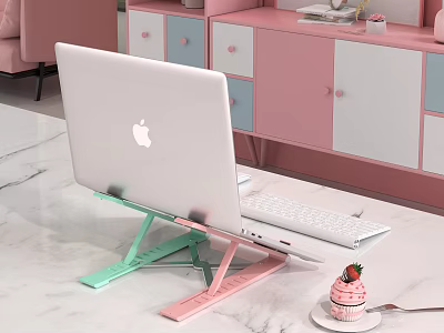 Silver Laptop On Green Pink Stand With Marble Tabletop Near Colorful Cabinets 3d model