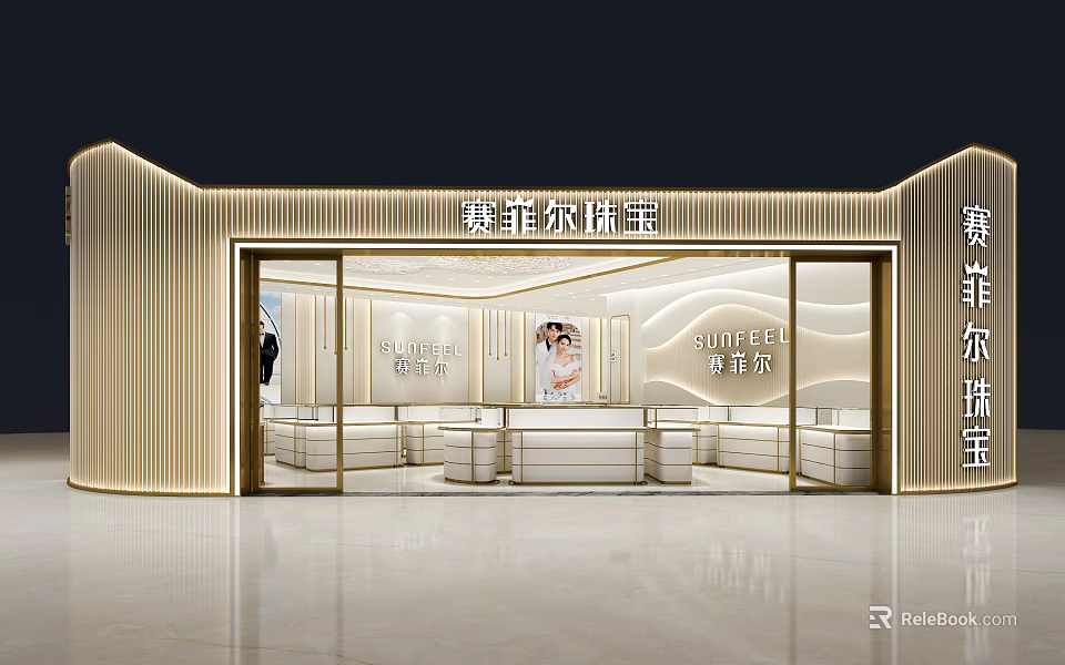 Modern Jewelry Store Interior With Golden Decor Glass Facade And Display Counters 3d model 