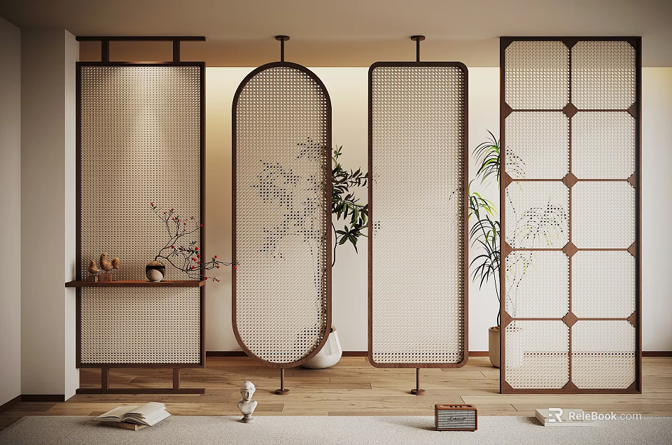 Elegant Japanese Style Room Dividers With Wooden Frames Lattice Patterns And Indoor Plants 3d model 