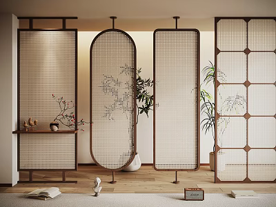 Elegant Japanese Style Room Dividers With Wooden Frames Lattice Patterns And Indoor Plants 3d model