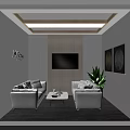 Modern Casual Lounge Area With White Sofas Coffee Table TV Wooden Wall And Decorative Paintings