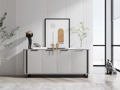 Modern Console Cabinet Sideboard With Minimalist Design Decorative Items And Indoor Plants 3d model