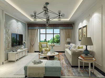 Elegant Bright American Style Living Room With Comfortable Sofa Chandelier And Exquisite Interior Decorations 3d model