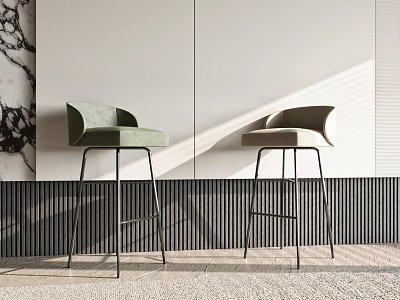 Upholstered Bar Stools In Green And Beige With Black Metal Legs And Marble Wooden Walls 3d model
