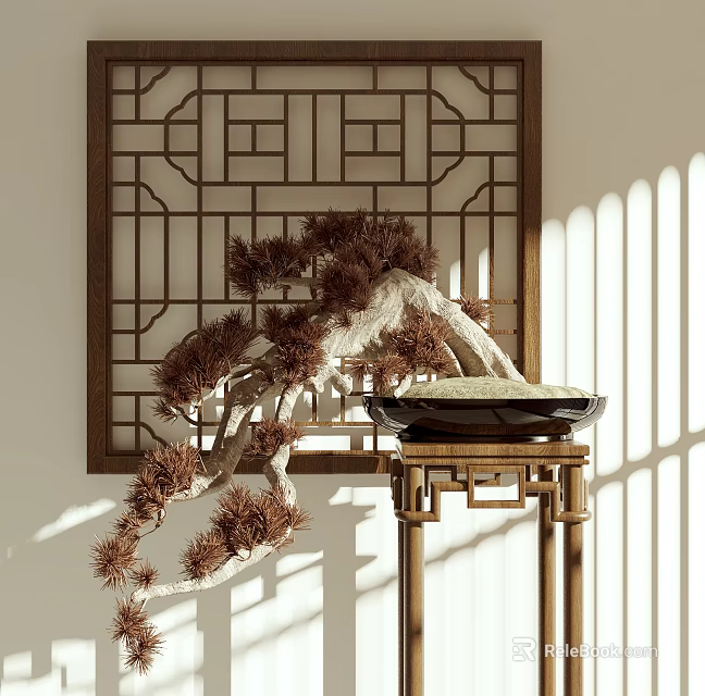 Bonsai Plant With Pine Branches On Wooden Pedestal By Lattice Screen And Sunlight Shadows 3d model 
