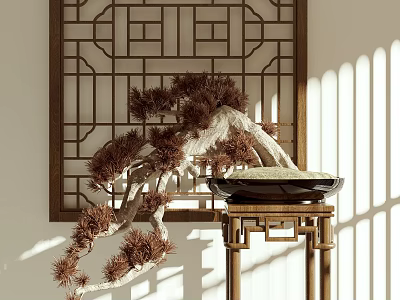 Bonsai Plant With Pine Branches On Wooden Pedestal By Lattice Screen And Sunlight Shadows 3d model
