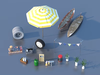 Outdoor Daily Living Supplies With Striped Umbrella Tires Small Boats Colorful Flags And Potted Plants 3d model