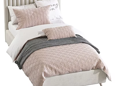 Cozy Single Bed with Pink Wavy Texture Quilt Gray Blanket and Light Colored Headboard 3d model