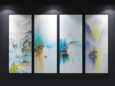 Four Panel Landscape Paintings with Mountains Water Small Boats and Trees in Artistic Traditional Style 3d model