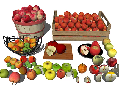 Assorted Fresh Fruits Including Red Green Apples in Basket and Wooden Crate with Sliced Pieces 3d model