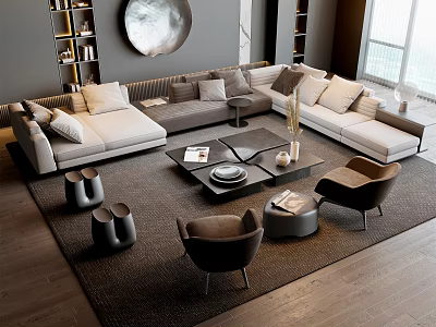 Modern Sectional Sofa and Coffee Table Set with Plush Cushions Accent Chairs and Decorative Items 3d model