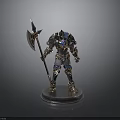 Battle Axe Wielded By Armored Warrior Statue With Ornate Metal Base And Blue Accents