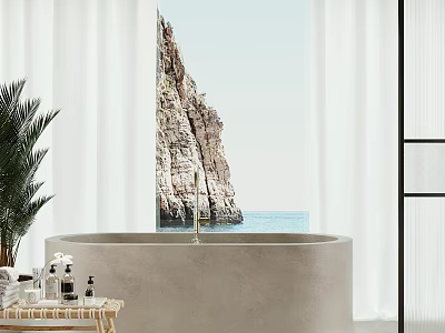 Bathroom With Round Bathtub White Curtains Green Plants And Cliff Sea View 3d model
