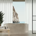 Bathroom With Round Bathtub White Curtains Green Plants And Cliff Sea View
