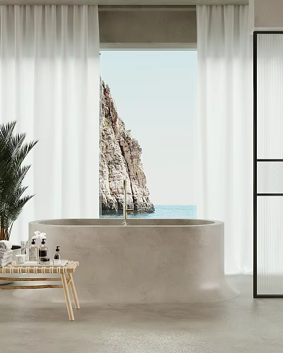 Bathroom With Round Bathtub White Curtains Green Plants And Cliff Sea View 3d model