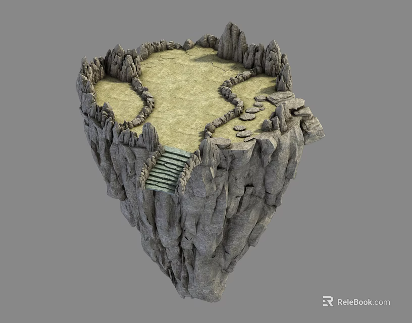 Garden Landscape On Floating Rock Formation With Winding Pathway And Stone Steps 3d model 