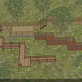 Wooden Road Facilities Pathway System With Connected Platforms Trees and Green Grass 3d model