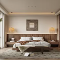 Elegant Bedroom Interior Design With Wooden Headboard Woven Pendant Lights And Decorative Painting