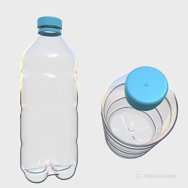 Transparent Plastic Bottle And Stacked Clear Cups With Blue Caps 3d model 