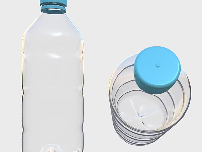 Transparent Plastic Bottle And Stacked Clear Cups With Blue Caps 3d model