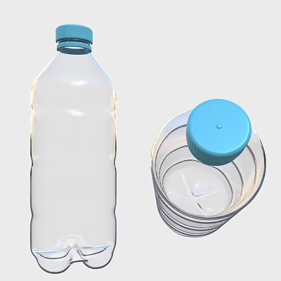 Transparent Plastic Bottle And Stacked Clear Cups With Blue Caps 3d model