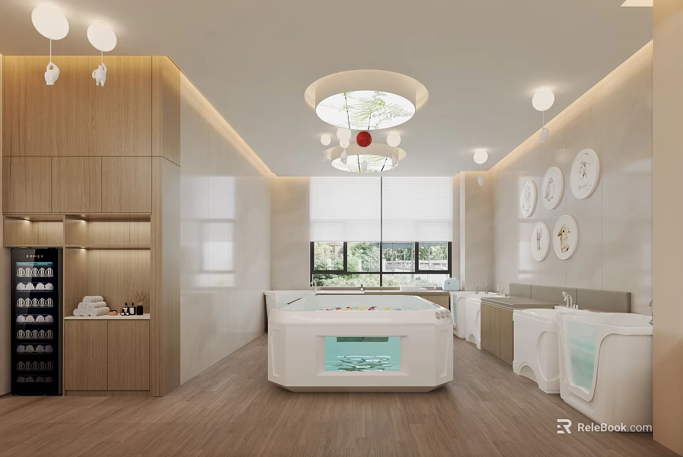 Modern Baby Swimming Pool Room With Wooden Cabinets And Round Lights 3d model 