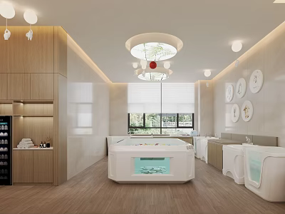 Modern Baby Swimming Pool Room With Wooden Cabinets And Round Lights 3d model