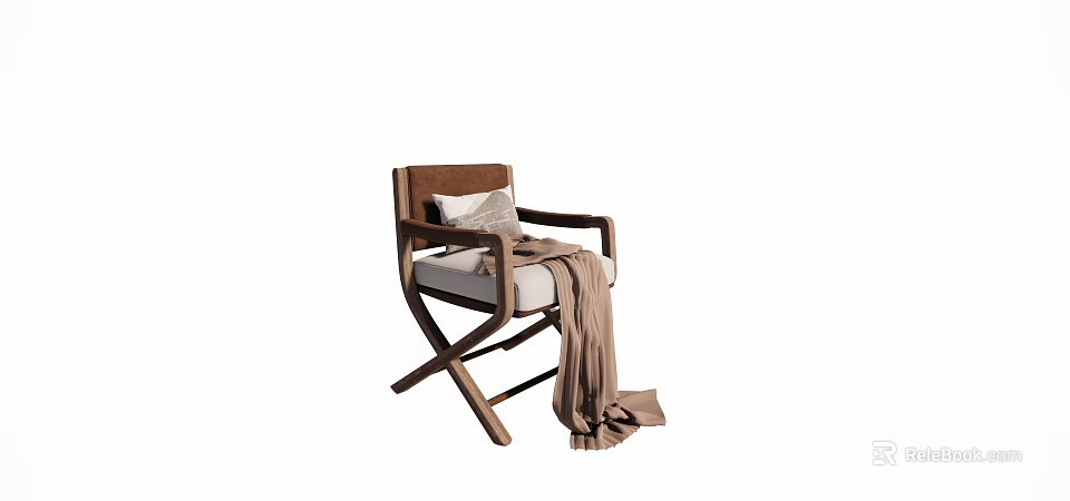 Stylish Cross Leg Wooden Frame Leisure Chair With Light Colored Cushion And Light Brown Blanket 3d model 
