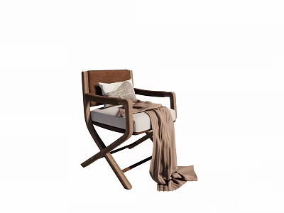 Stylish Cross Leg Wooden Frame Leisure Chair With Light Colored Cushion And Light Brown Blanket 3d model
