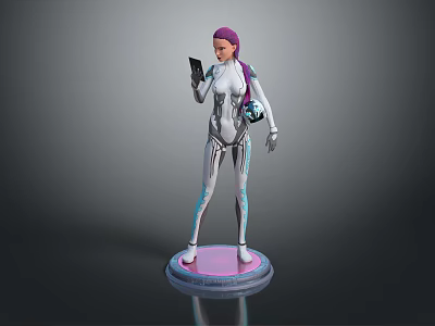 Game Movie Character with Purple Hair White Bodysuit Blue Lines Holding Smartphone on Pink Base 3d model