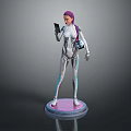 Game Movie Character with Purple Hair White Bodysuit Blue Lines Holding Smartphone on Pink Base