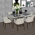 Modern Minimalist Round Dining Table Set With Linen Chairs Flower Vase And Potted Plant